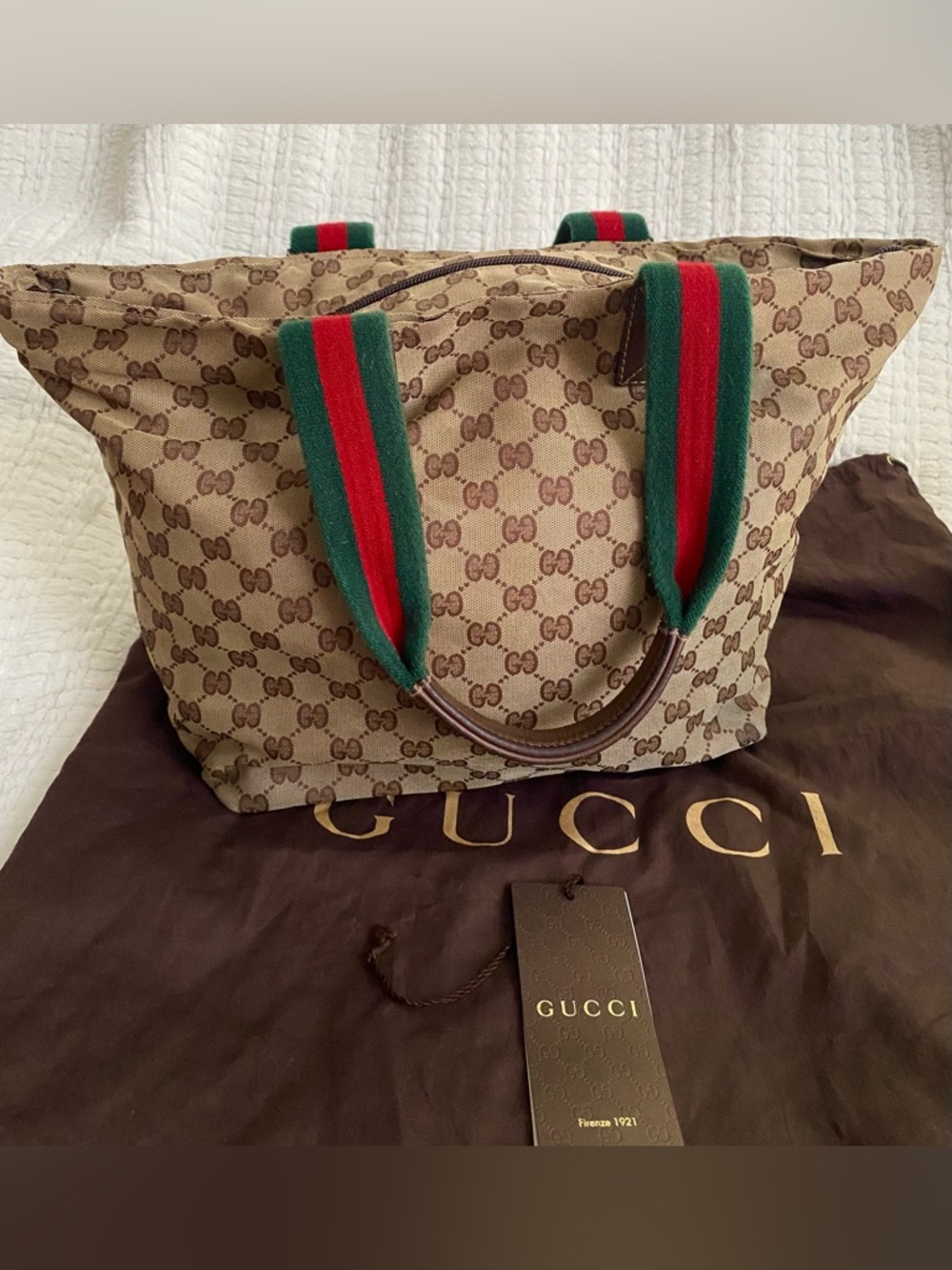Gucci GG Supreme Canvas Tote Bag Web Stripe Handles Beige Brown - Picture 10 of 15